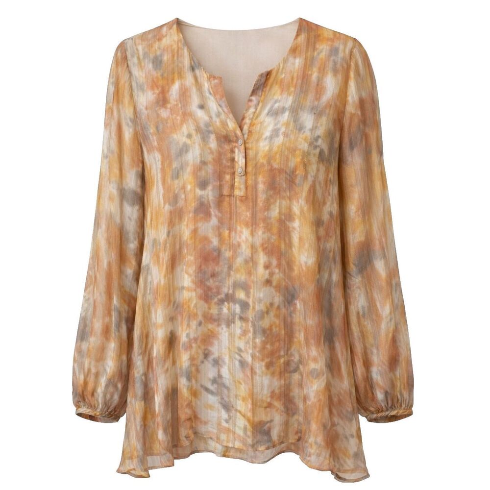 Adrienne Flowy Blouse Womens Size M Semi Sheer Gold Lurex Lined V Neck Top Artsy